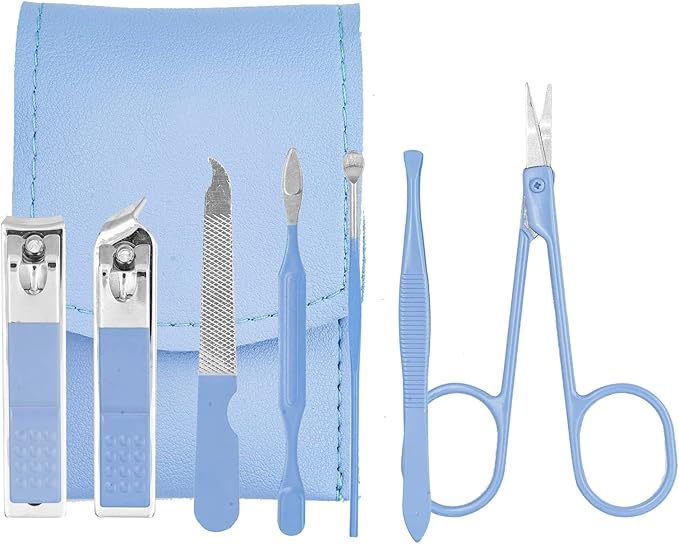 Nail Clipper Set, 7PCS Manicure Set Fingernail Clippers Kit Fashion Color Blue Stainless Steel Pedicure and Manicure Kit with Blue PU Leather Case