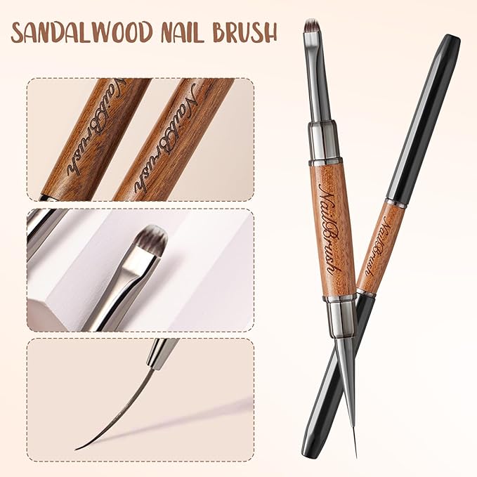 Acrylic Nail Brush,Double-ended Nail Brush French Tip Brush,Nail Art Painting Brush for Long Lines,Thin Details, Fine Drawing,Builder Gel,Polygel (Short square round brush+8mm Line brush)