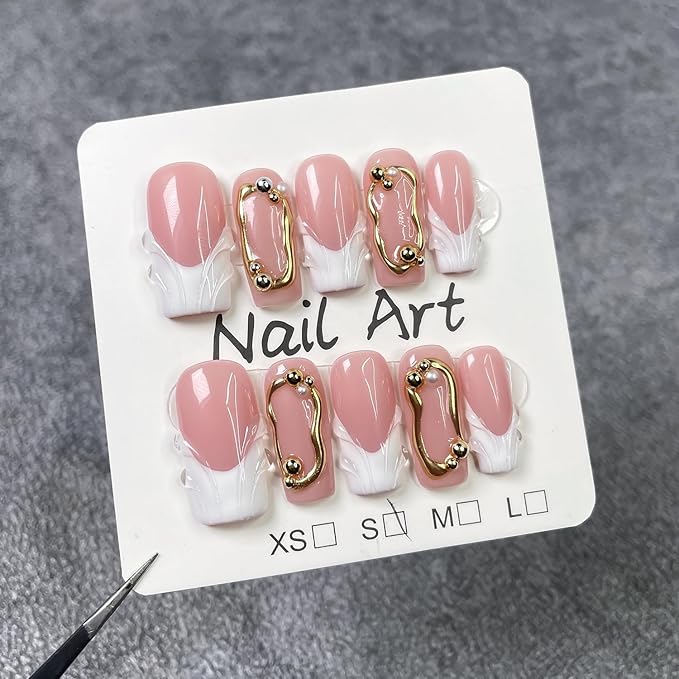 Handmade Press on Nails Square Shape Luxury Medium Hand Made Nails with 3D Pearl & Golden Embossed Design Full Cover White French Tip False Nail for Women (S)