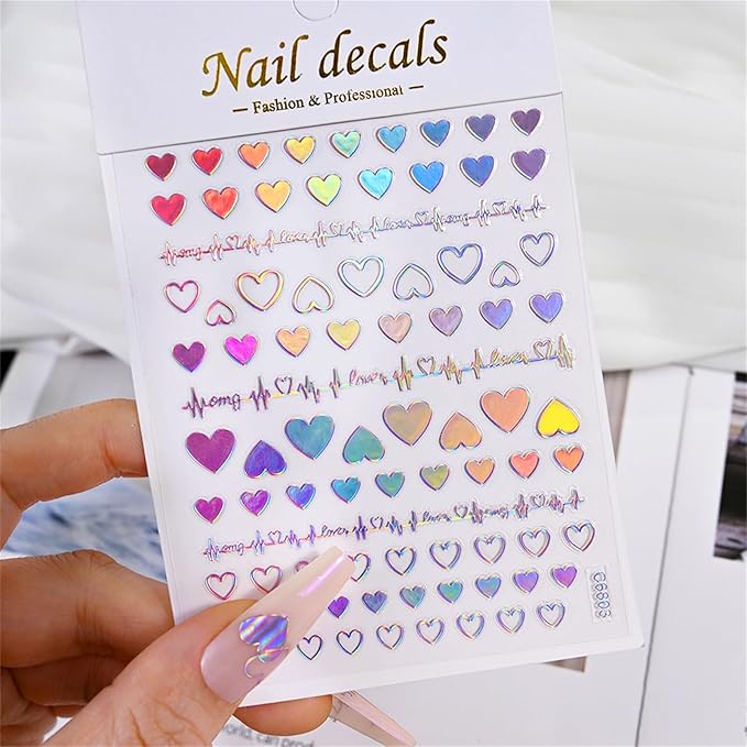 Valentine's Day Nail Art Stickers - Red White Heart Nail Decals, Self-Adhesive Sexy Kiss Heart for DIY 3D Nail Supplies Decoration (6 Sheets)