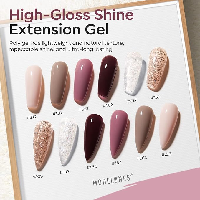 modelones Poly Extension Gel Nail Kit 6 Colors with 8 W Nail Lamp Brown Red Gel Kit Nude Glitter Complete Starter Tools for Beginner DIY at Home for Women