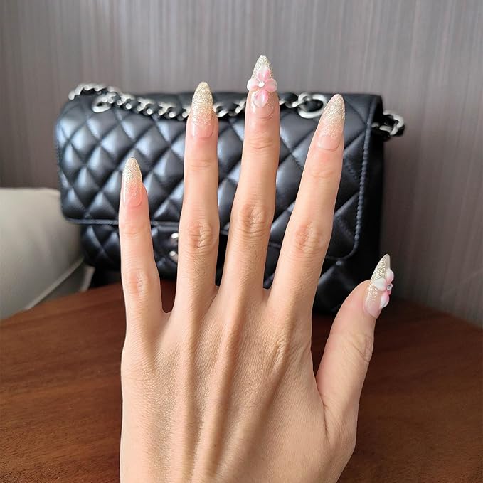 10 Medium Almond Handmade Press On Nails | Coquette Aesthetic Pink Ombre Fake Nails with 3D Floral, Glitter Gradient & Rhinestone Accents | Easy Apply & Remove, Reusable Salon Quality Nails (5U06, S)