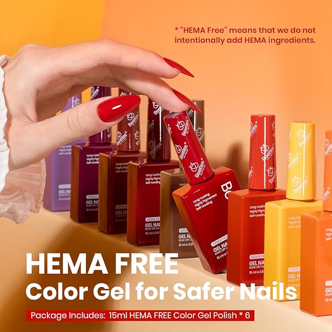 Beetles Hema- Free Gel Nail Polish Set - 6 Colors 15ML Burgundy Brown Dark Red Yellow Light Orange Gel Polish Kit Soak Off UV LED Hema Free DIY Home Salon Gift for Women Autumn Dusk
