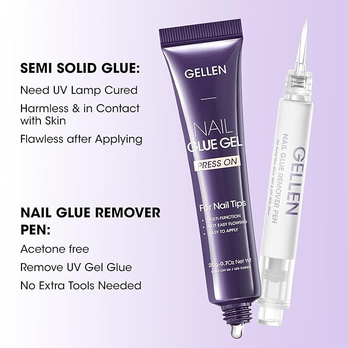 Gellen Nail Glue and Remover Kit, UV Gel Nail Glue for Press Ons, 2 Pcs Non Acetone Gel Nail Glue Removers, Long Lasting Semi Solid Nail Glue Gel, Gentle Gel Glue Off for Beginner DIY at Home