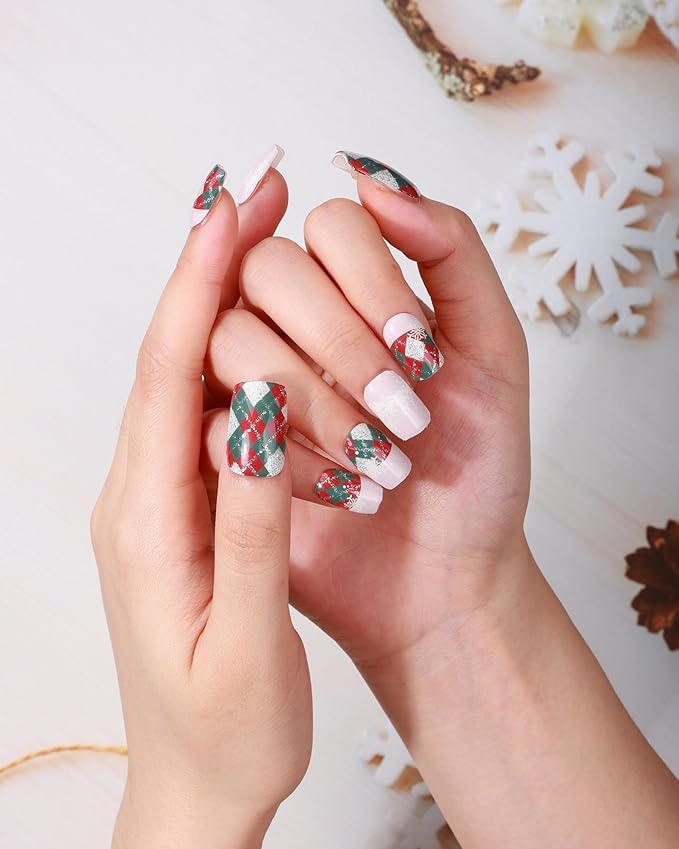20pcs Christmas Semi Cured Gel Nail Strips - Salon-Grade DIY Wraps with Glaze Texture, Easy Application, UV Light Required for Festive Nails(Christmas Glitter Argyle Nails)
