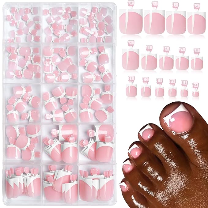 150pc White French Tips Press on Toenails Women Fake Toe Nails Kit, Pink Toe Nail Press ons Nail Short Square Fake Toenails French Toes Nail Tips Stick Acrylic Toes Nails Tip with Adhesive Tabs