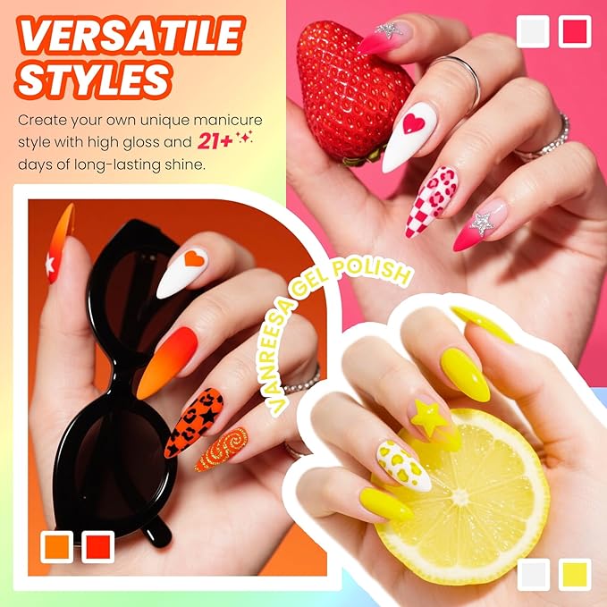 VANREESA 24 Pcs Gel Nail Polish Set, 21 Colors Bright Gel Polish with Base Coat Glossy & Matte Top Coat Red Orange Yellow Green Blue Pink Purple Gel Polish Kit Nail Kit Gifts for Women