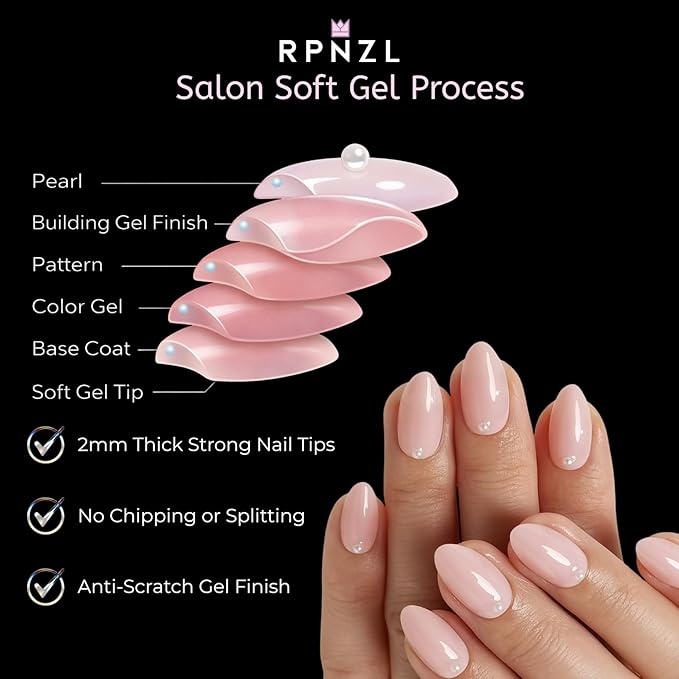 Press On Nails - Pearl | Bubble Bath Medium Almond Fake Nails With Pearl Design, Reusable Salon Quality | 32 Nails, 16 Sizes Kit with Glue and Adhesive Tabs I Female Founded