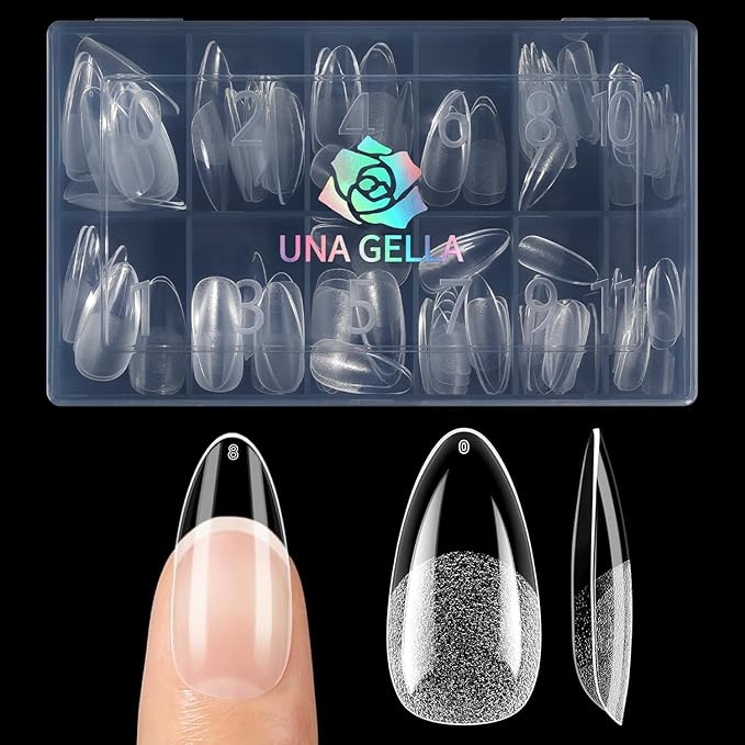 UNA GELLA Medium Almond Nail Tips, 12 Sizes Gel Nail Tips Almond Shape, 120Pcs Pre-file Soft Gel Nails Tips Clear Acrylic Fake Nails Full Cover Nails Tips for Nail Extensions DIY Salon Long Lasting