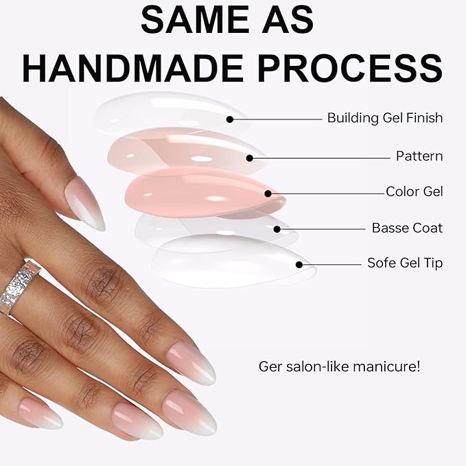 Peach Pink Ombre Press On Nails Short 16 Sizes Almond Fake Nails Glossy 32pcs, Nail Glue Included