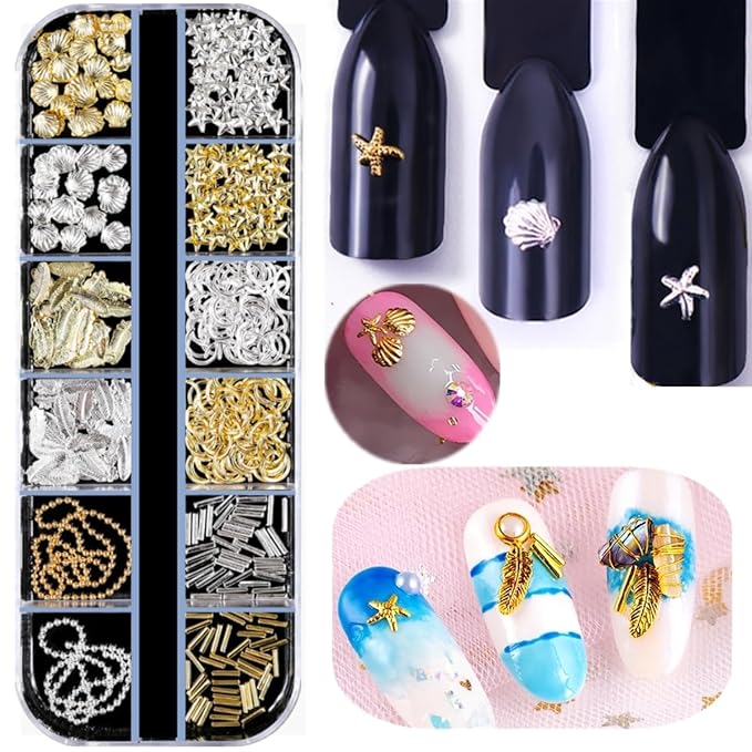 5 Boxes Gold Silver 3D Metal Punk Studs Star Moon Heart Triangle Ring Square Rivet Gems Nail Art Jewels and 4 Sheets Nail Stickers with a Curved Tweezers and a Nail Brush (Gold & Silver)