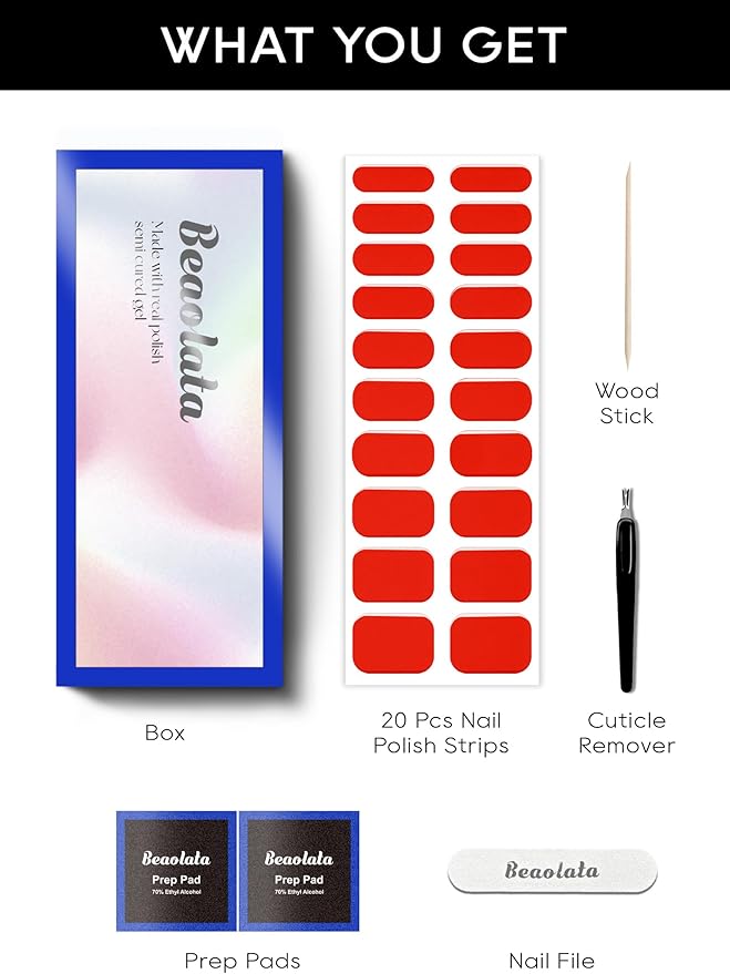 Semi Cured Gel Nail Strips - UV Light Gel Nail Stickers - 20 Long Lasting Salon Quality Wraps (Sunset Blaze Red)