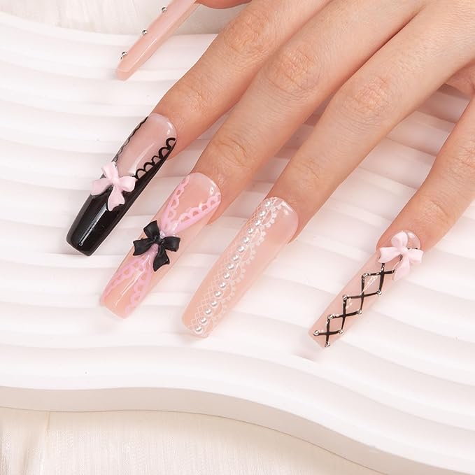 LOVFUL Press on Nails Ballerina| Handmade with Full Covered Crystals| Reusable Fake Nails| Square Mid length 1.7in| H237-L