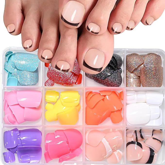 288Pcs Press on Toenails Short Square Toe Fake Nails with Glue Tabs,12 Color Gel Fake Toenails Press ons, Glitter French Glossy Glue on Toenail Acrylic Toes Nails False Presson Stick Toenail for Feet
