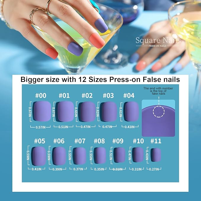 Teenitor Short Press On Nails with Glitter, 12 Sizes Square, Matte & Glossy Finish