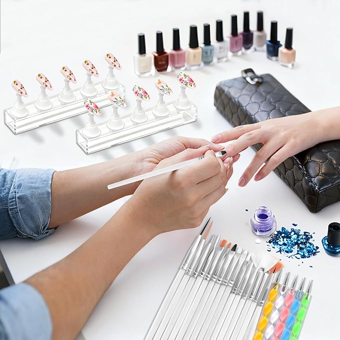 Nail Art Tools Kit with 15 Nail Art Brushes, 5 Dotting Tools, Nail Stand for Press-on, Nail Design Tools for Salon & DIY Home Manicure (White)