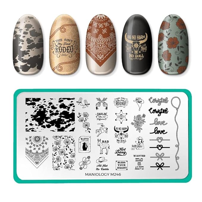 Maniology Wild West Nail Stamping Plate | Western-Themed Designs with Cowgirl & Rodeo Motifs for Bold DIY Manicures – Reusable, Rectangular Stainless Steel Nail Art Template