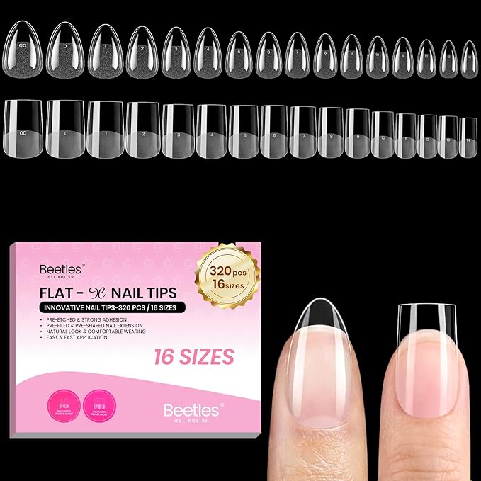 Beetles Gel Nail Tips Flat-X - Almond Square Short, 320pcs 16 Sizes, Pre-Etched Half Matte Full Cover Soft Acrylic False Nail Tips Easy DIY Press on Nail Extension Salon for Flat & Natural Nail Beds