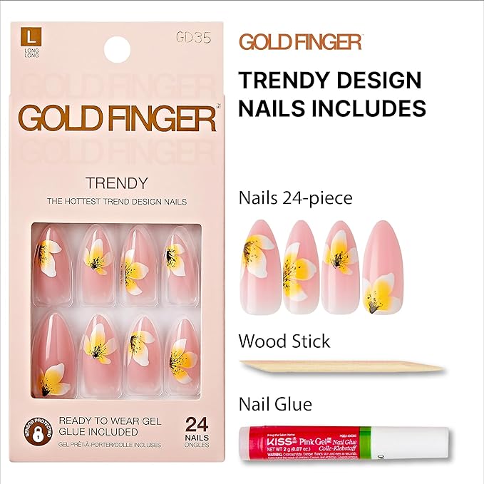 Goldfinger Trendy False Nails Kit, Long Almond Shape Design Nail, Pink & Flower Print, Ready to Wear Gel & Manicure Stick Included, Long-Lasting Convenient & Easy to Apply