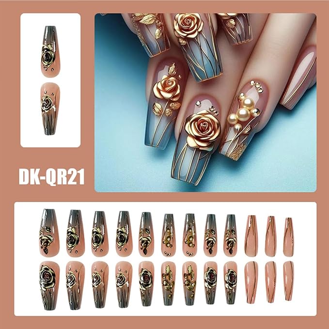 Coffin Press on Nails Long with Bright Embossed Blue and Gold Gradient Gold Rose Acrylic Valentines Fake Nails Press ons Cute Glue Stick on Nails for Women Girls 24 Pcs