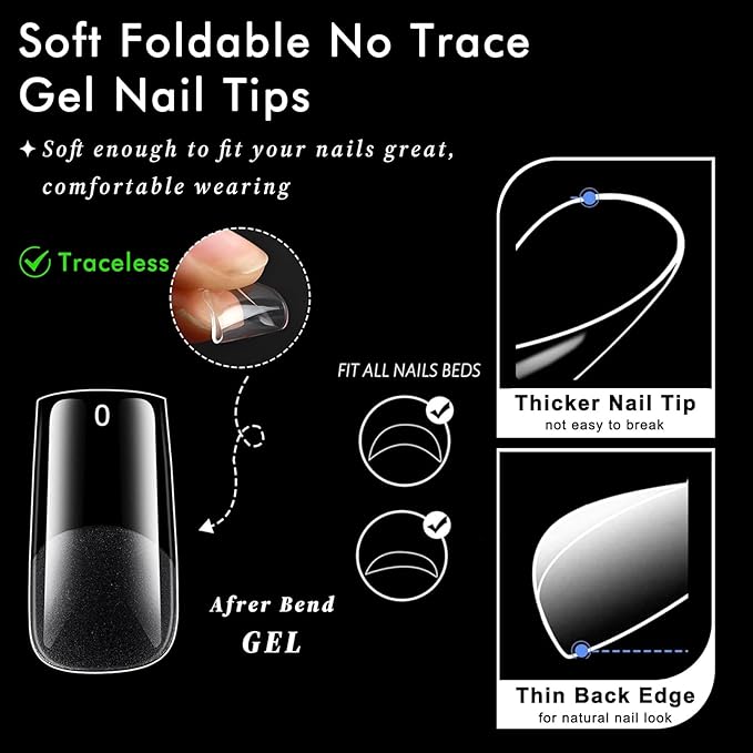 AddFavor Medium Square Gel Nail Tips - 600pcs Clear Acrylic Nails Tips Medium Fake Nails Full Cover Soft Gel Nail Tips for Nail Extension, Press on Nails 15 Sizes Artificial False Nails