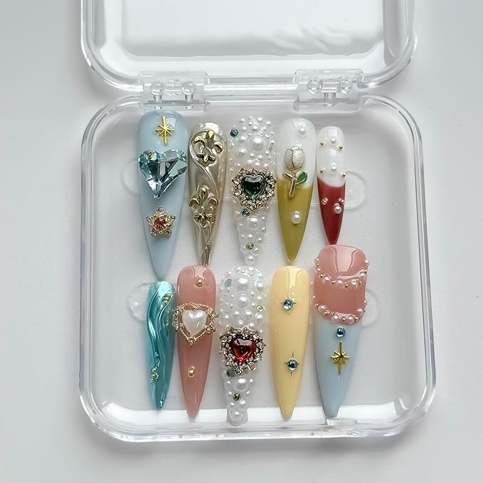 Luxury Press on Nails Long Stiletto Handmade 3D Unique Reusable ABS Material Fake Nails Full Rhinestones False Nails with Designs Flower Heart Charms Glossy Glue on Nail Thick Acrylic Nail(M)