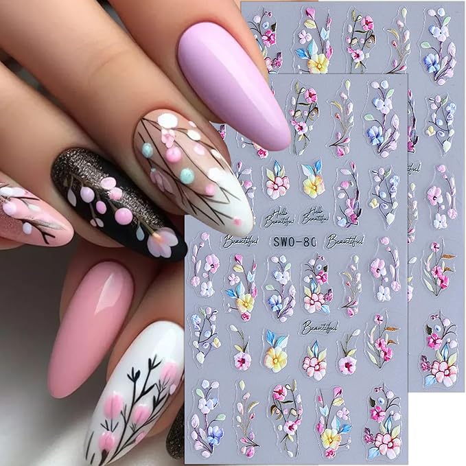 4 Sheets Easter Nail Stickers Cute Rabbit Nail Decals Spring Embossed Flower Nail Art Stickers Self-Adhesive Easter Egg Bunny Nail Design Decals for Women Holiday Nail Decorations Supplies