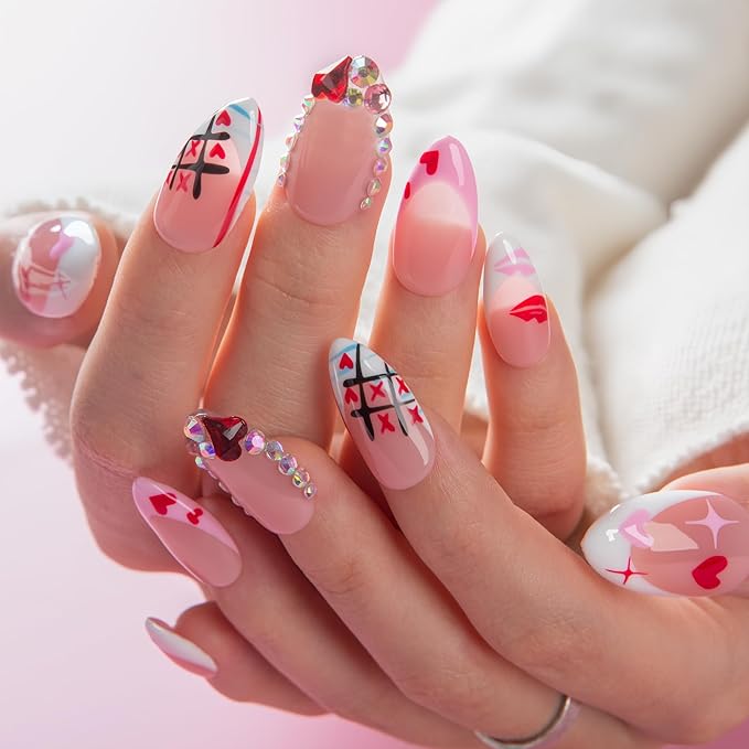 LOVFUL Valentine's Short Press on Nails Heartbeat Diary | Handmade Acrylic Press ons | Reusable Fake Nails | Almond Regular 1.0 in | H729-M
