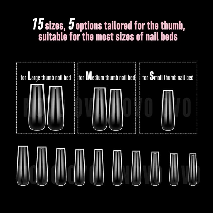 NOVO OVO Long Square Nail Tips NATURAL (Not SCULPTED) for Flat Nail Beds, Extra Thick L Length False Nails Press on, Full Cover Soft Gel Fake Nail Extension, Salon DIY x 15 Sizes 450 pcs