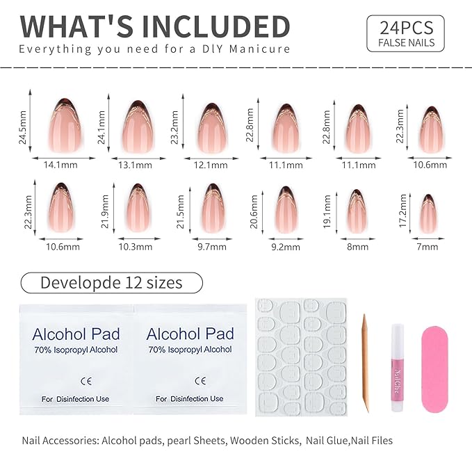Almond Press On Nails Medium Short, Nude Pink Fake Nails with Tortoiseshell Brown French Tip and Gold Foil Detail, Glossy Reusable Glue On Nails for Women, Natural Stick On Nails Kit, 24 Pcs