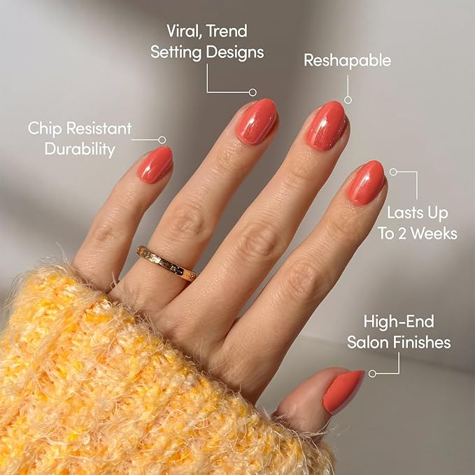 Valentines Day Glamnetic Press On Nails - Lush Coral | Short Oval Fake Nails in a Bright Coral Hue with a Glazed Finish, Salon Quality | 15 Sizes - 30 Nail Kit with Glue