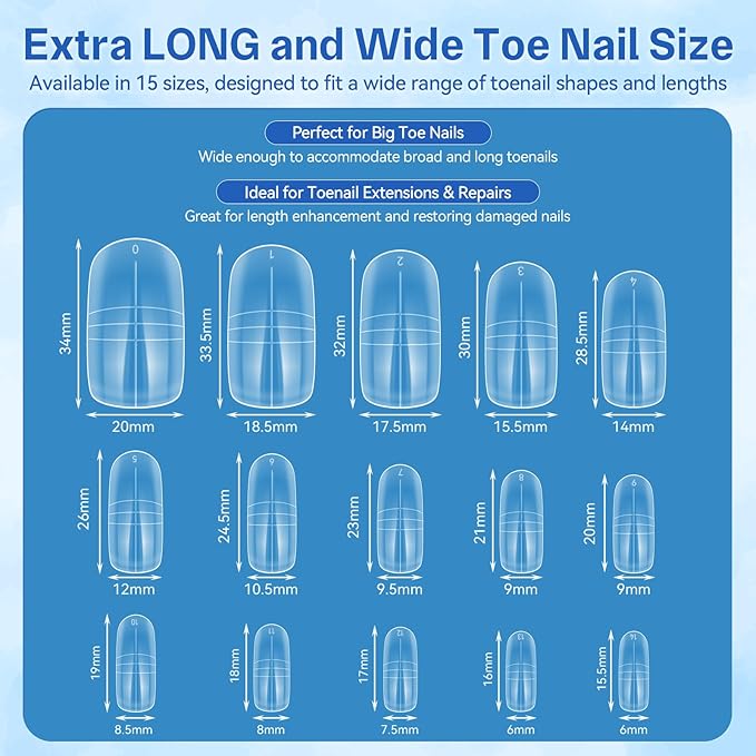 Dual Toe Nail Forms for Poly Gel Extensions, Reusable Full Cover Wide French Toenail, Press on Toenails for Women Extensions Home DIY Nail Salon 300PCS 15Sizes