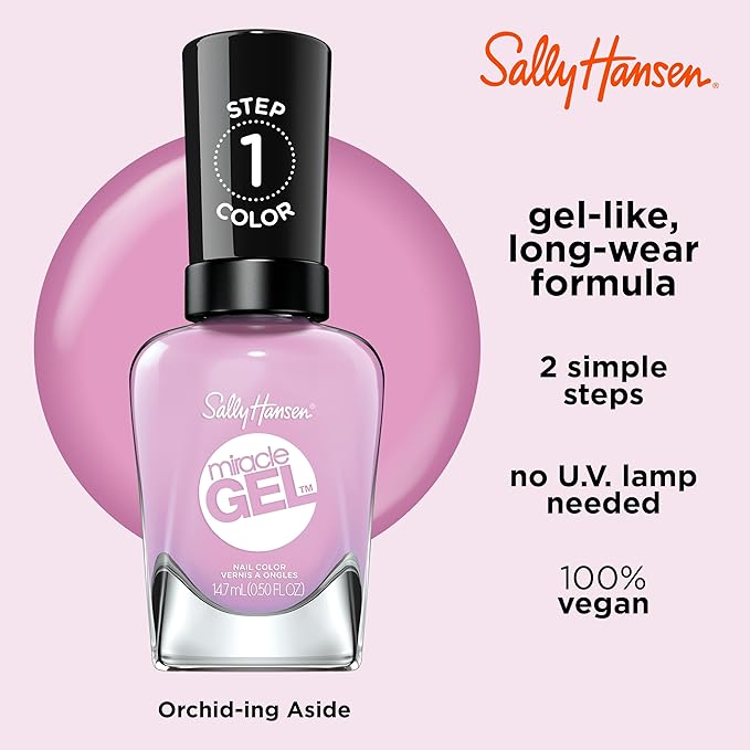 Sally Hansen Miracle Gel Salon Quality Nail Polish | Gel-Like Formula, Two-Step System, No UV Light Needed, Long Lasting | Opaque, Glossy | 534 Orchid-ing Aside | Orchid Pink Nail Color