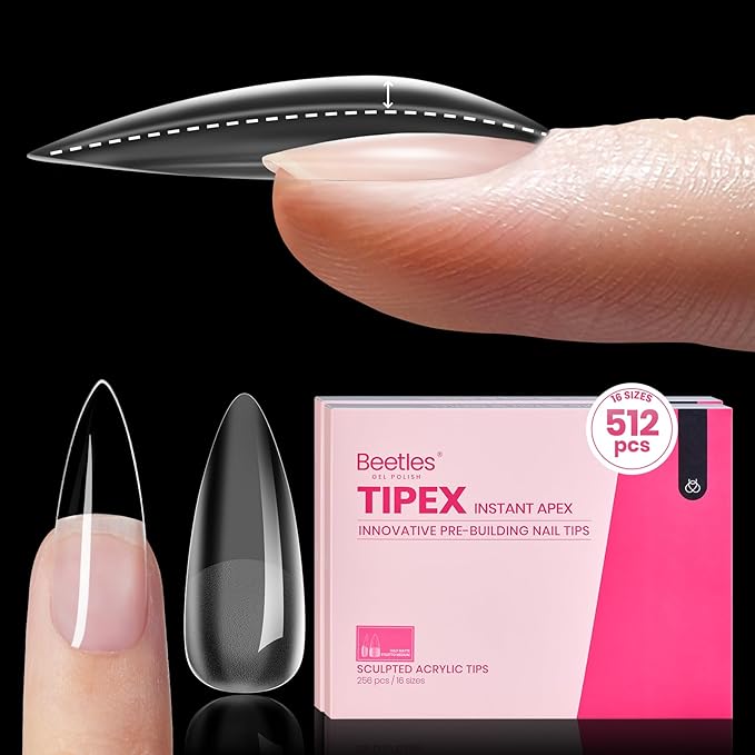 Beetles Tipex Instant Apex Nail Tips 512 Pieces Medium Stiletto Pre-Building and Pre-Etched Strong Thick Acrylic Fake Nails 16 Sizes Press on Nails