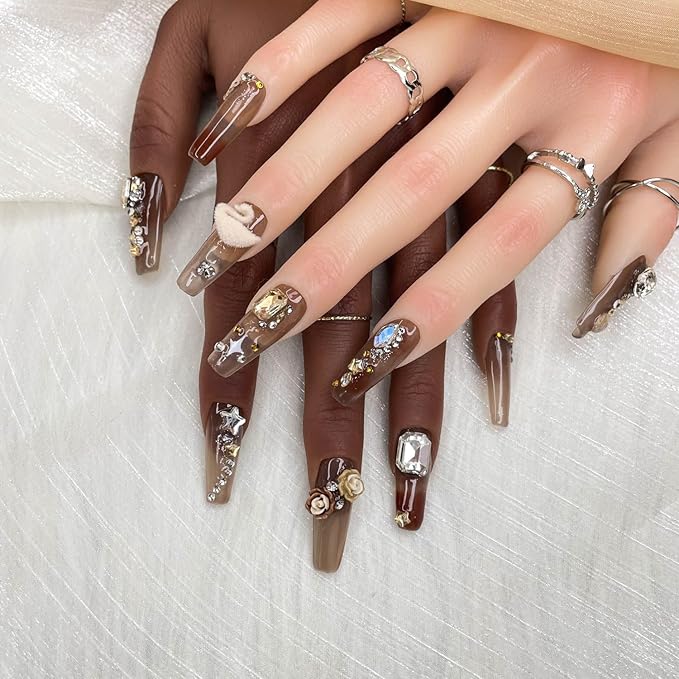 2025 Handmade Manicure Reusable PMMA Acrylic Medium Press-on Nails Brown Fake Nails with Swan Rose Rhinestone Embellishments Gifts for Women (Chocolate, Medium)