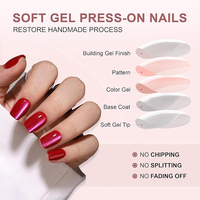 Press On Nails - Short Deep Red Square Nails, Soft Gel False Tips Kit, 32 Pcs Reusable