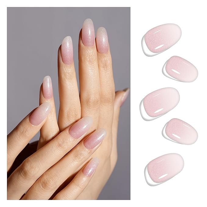 DANNI & TONI Semi Cured Gel Nail Strips Pink White Ombre (Cloud Halo) Shimmer Translucent Gel Nail Wraps 28 Stickers