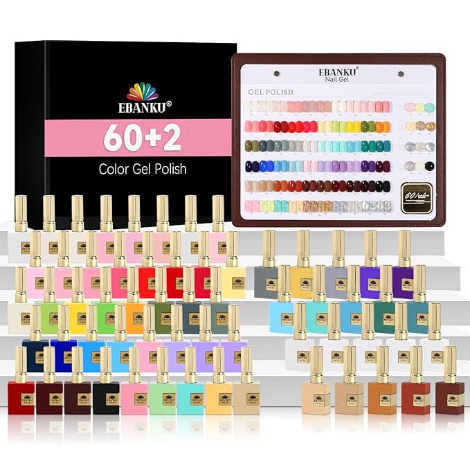 EBANKU 60 Colors Gel Nail Polish Set, Same Color Same Bottle Gel Polish Kit with 2PCS Functional Gel Soak Off Nail Art Manicure Salon DIY at Home for Women