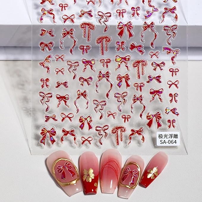 1Sheets Aurora Bow Nail Stickers 5D Embossed Valentines Nail Art Stickers Self Adhesive Cute Nail Decals Red Ribbon Bow Nail Supplies Wedding Sticker Decorations for Women DIY Valentines Manicure