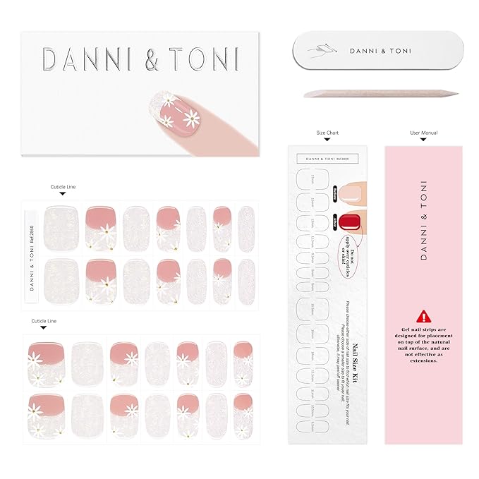 DANNI & TONI Semi Cured Gel Nail Strips Flowers French Aurora Gel Nail Wraps 28 Stickers | Floral Swirl