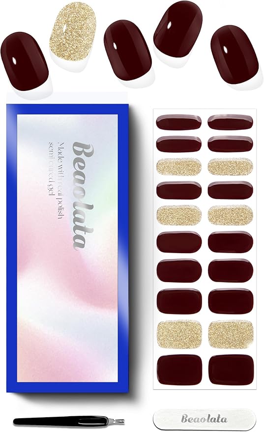 Semi Cured Gel Nail Strips - UV Light Gel Nail Stickers - 20 Long Lasting Salon Quality Wraps (Crimson Aristocrat Red&Gold)