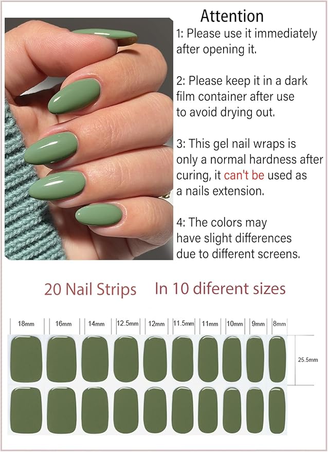 Semi Cured Gel Nail Strips, Hell Green 20pcs Adhesive UV Sticker, Wraps for Home Manicure DIY