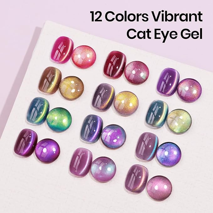 Magnetic Nail Polish Gel, 12 Colors Cat Eye Gel Nail Polish Set with Magnet, High Glossy, UV Lamp Cure, Vegan, Non Toxic, Long Lasting, 0.24fl oz