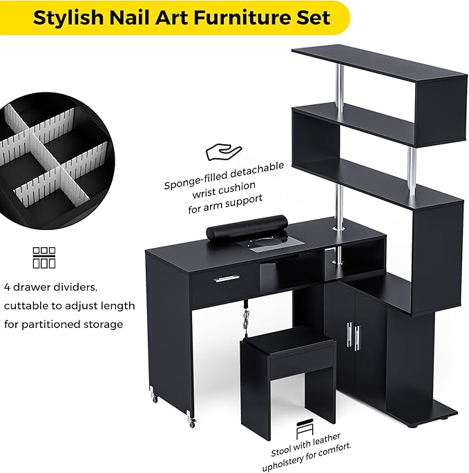 Manicure Table Nail Desk with Stool, Rotating L-Shaped Nail Tech Desk with Dust Collector, Two-Way Drawer, Cabinet & Storage Shelves, Reversible Manicure Workstation on Wheels (Black)