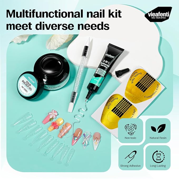 Solid Builder Gel for Nails and 3D Sculpting Nail Gel Set for Extensions, Sculpture, Designs, Chrome Powder, Rhinestones - Soak Off UV/LED for Salon Home DIY