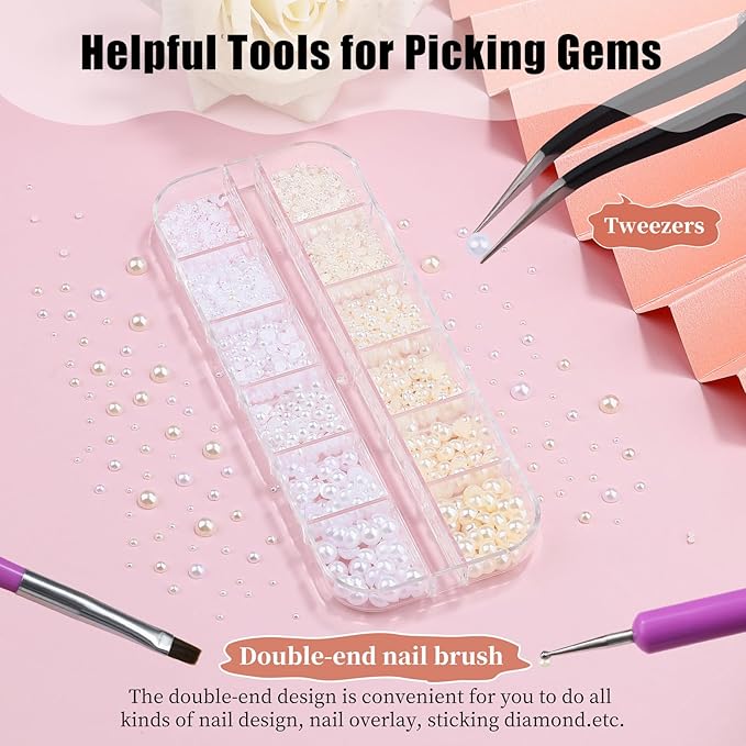 2100Pcs Flatback Nail Pearls Gems, 1.5-5mm White Beige Beads Half Round Nail Charms Beads with Pickup Pencil and Tweezers for Crafting Face Hair Manicure (11-K1-half-pearls-beige-white)