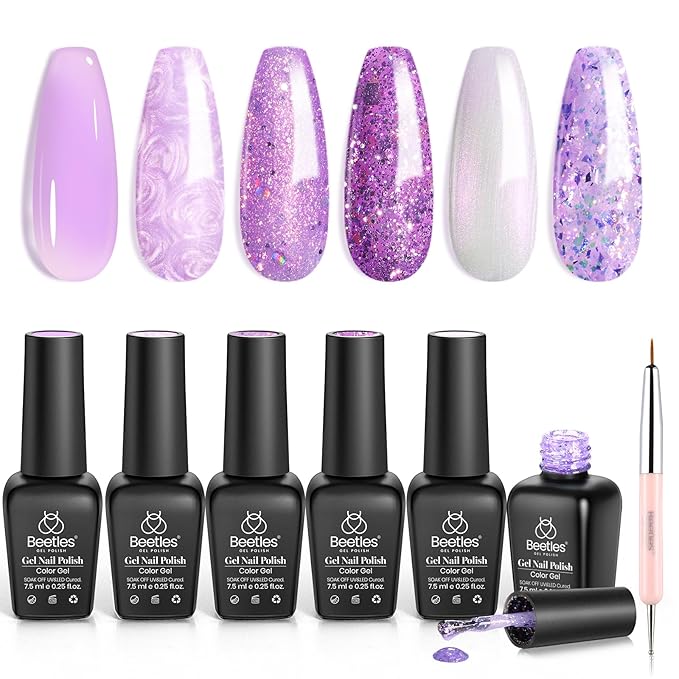 Beetles Purple Gel Polish Set - 6 Color Purple Shimmer Pearl Jelly Gel Polish with Nail Brush Soak Off LED Lamp Swirl Shell Thread Effect DIY Manicure Spring Gifts for Mom