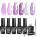 Beetles Purple Gel Polish Set - 6 Color Purple Shimmer Pearl Jelly Gel Polish with Nail Brush Soak Off LED Lamp Swirl Shell Thread Effect DIY Manicure Spring Gifts for Mom