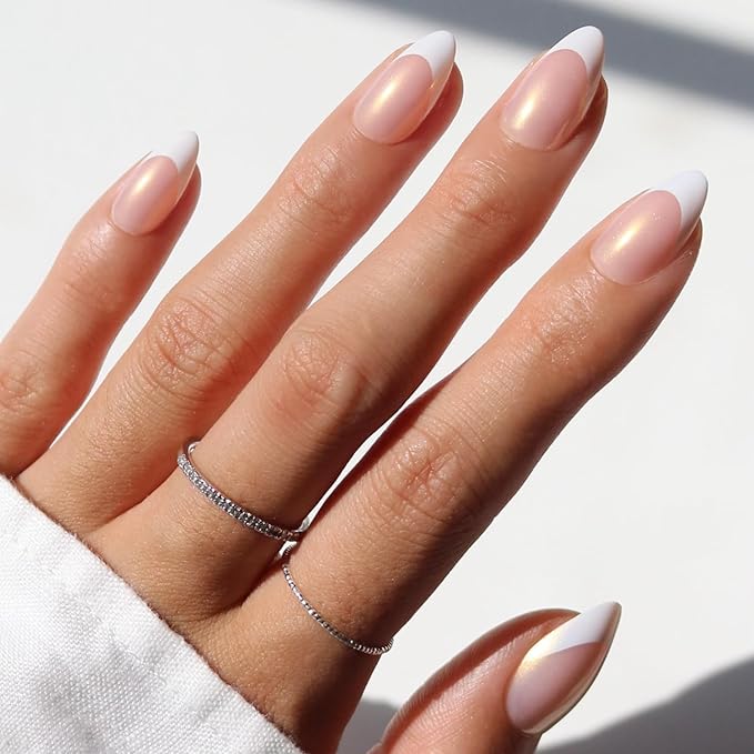 Glamnetic x GLAMZILLA Press On Nails - GIVE 'EM GRACE | Short Almond Fake French Tip Nails with Gold Glaze, Salon Quality, Everyday| 15 Sizes - 30 Nail Kit with Glue
