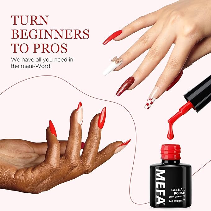 MEFA Red Gel Nail Polish Set, 6 Colors Gel Polish Kit Popular Red Burgundy Glitter Nail Polish Soak Off Rose Dark Red Shimmer Nail Art Design DIY Home Salon Manicure Gifts for Women Girls 2024